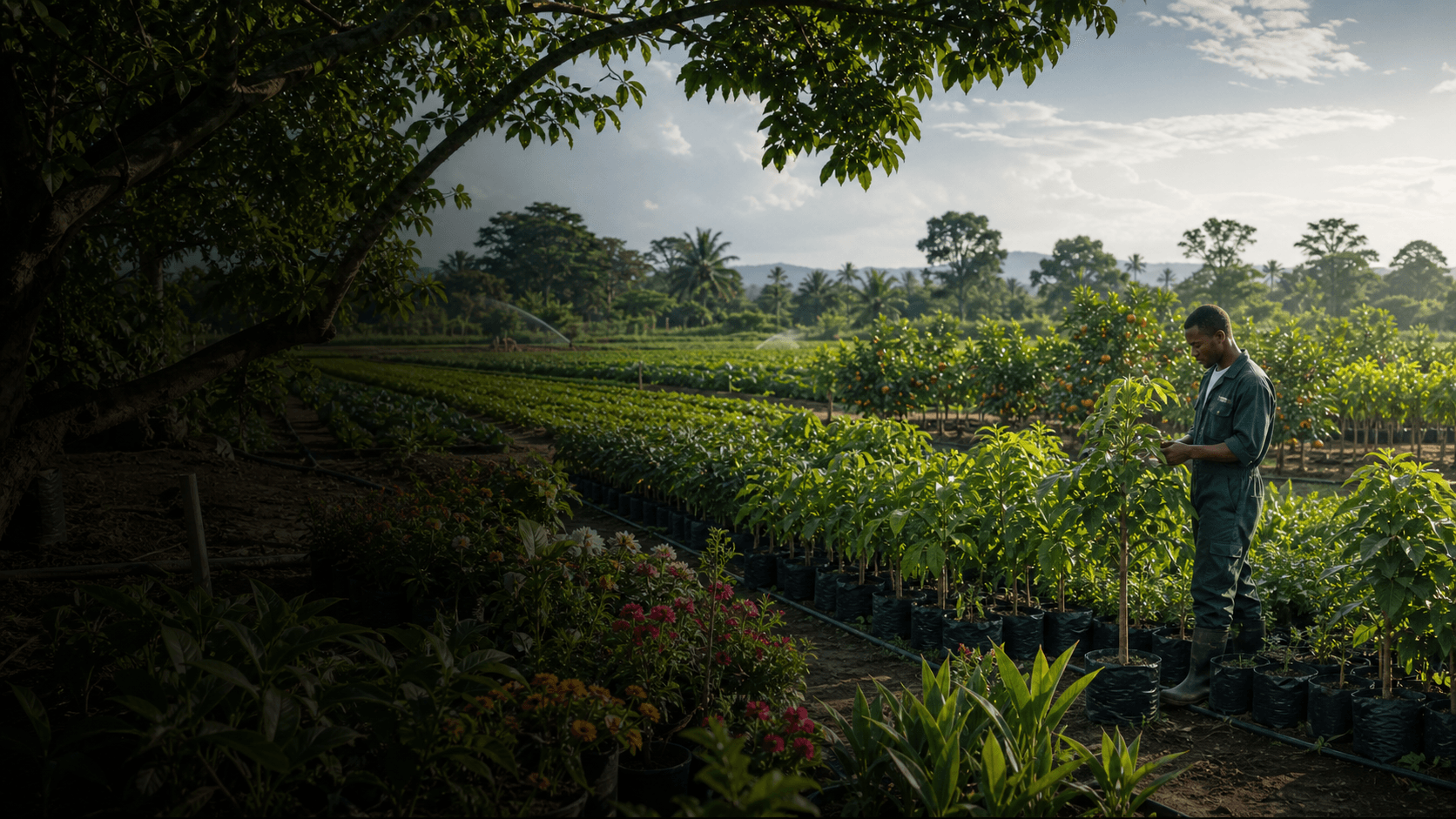 Pepiniere agricole avec fleurs et arbres fruitiers